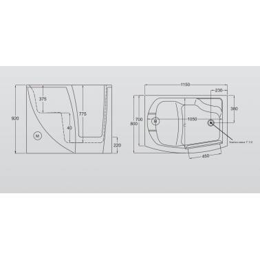 Bañera geriátrica con puerta fabricada en fibra de vidrio y acero inoxidable marca Komercia