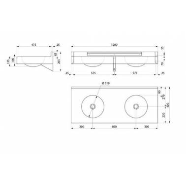 Lavandino collettivo per due utenti in acciaio inox, misure e dimensioni