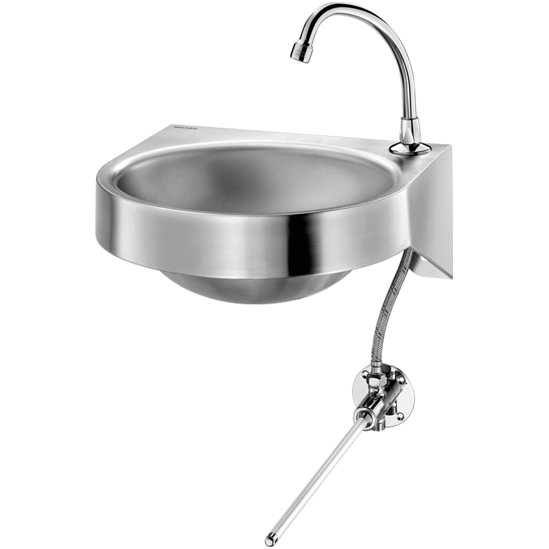 Lavabo mural avec commande au genou en acier inoxydable satiné mat sans trop-plein, marque Komercia