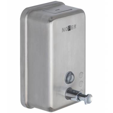Dosificador de jabón vertical fabricado en acero inoxidable con depósito interior en ABS marca Nofer. Referencia 03041.S