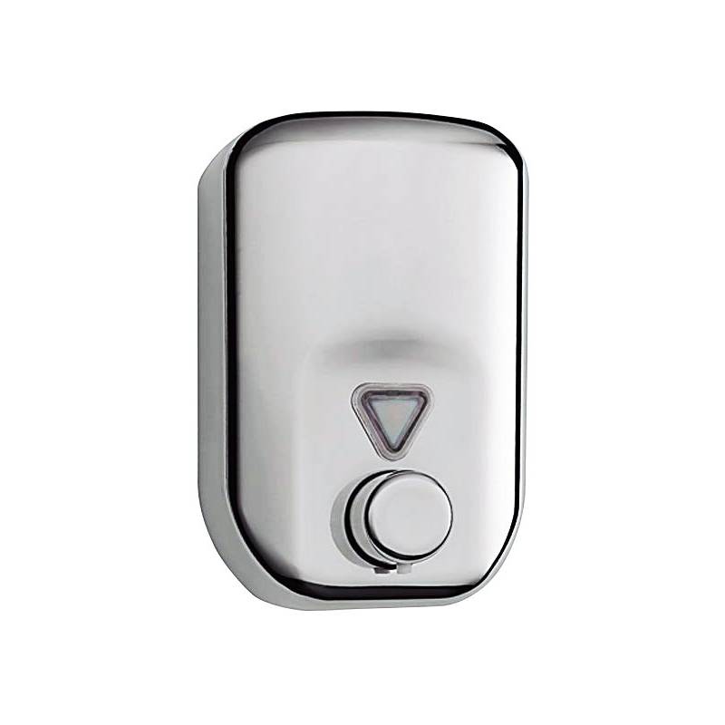 Dosificador de jabón vertical fabricado en acero inoxidable satinado con capacidad de 820ml marca Nofer