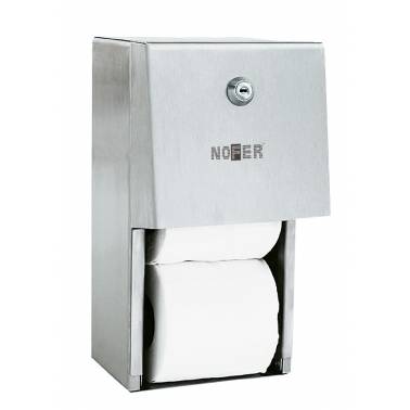 Portarrollos vertical para doble rollo con cerradura fabricado en acero inoxidable satinado marca Nofer