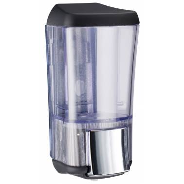 Dosificador de jabón líquido en negro y transparente para baño de uso colectivo marca Nofer