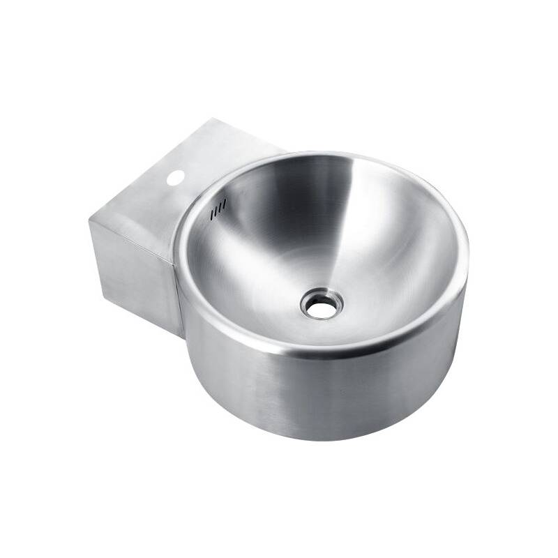 Lavamanos fabricado en acero inoxidable para instalación a pared con rebosadero y válvula de desagüe marca Nofer