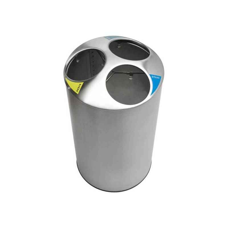 Papelera de reciclaje para tres residuos fabricada en acero inoxidable marca Nofer