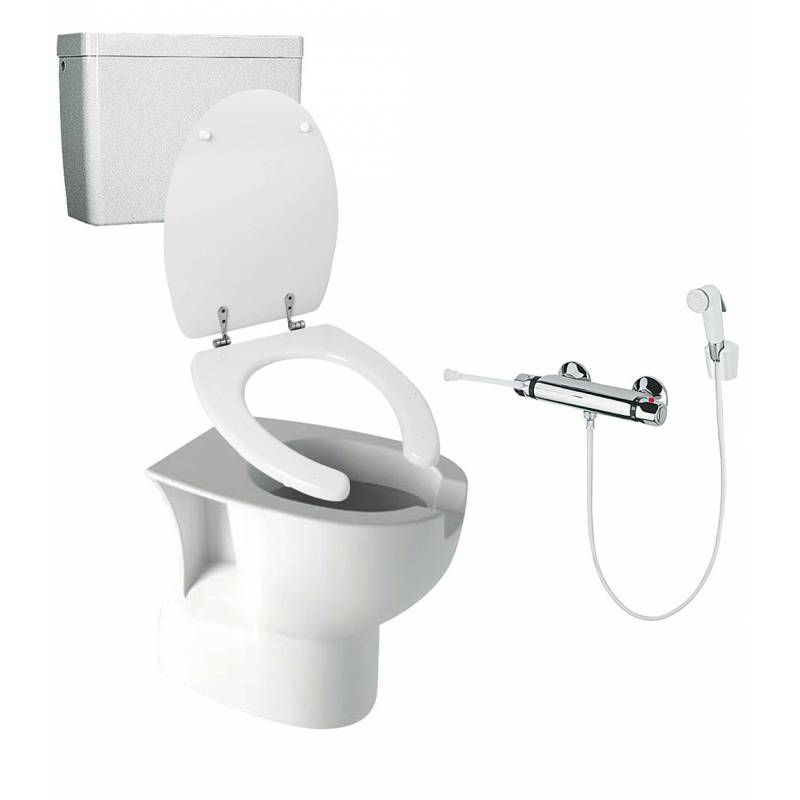 Ergonomisches Toilettenset mit Bodenauslass, Spülkasten, Sitz und  Thermostatmischer Nofer