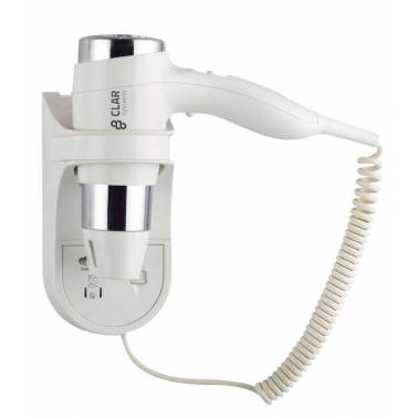Professional hair dryer in white and chrome with wall mount