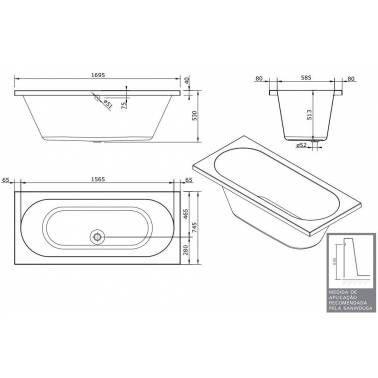 Baignoire balnéo 170x75 avec kit blanc et moteur droit, modèle Urb.y Unisan , mesures et dimensions