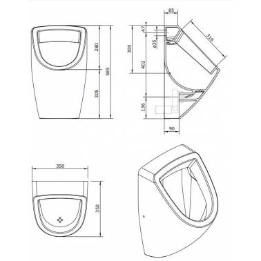 Urinario modelo Forma con entrada por detrás marca Unisan medidas y dimensiones