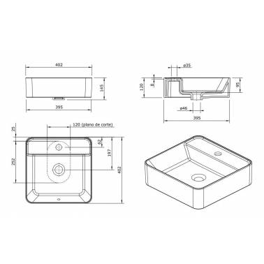 Sanlife model washbasin measuring 40x40 with hole for tap, Unisan brand, measurements and dimensions