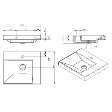 Lavabo apparent 50 cm avec trou, marque Unisan , mesures et dimensions