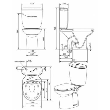 Toilettes complètes avec réservoir, siège et couvercle thermoplastique Pack Luxor Unisan mesures et dimensions