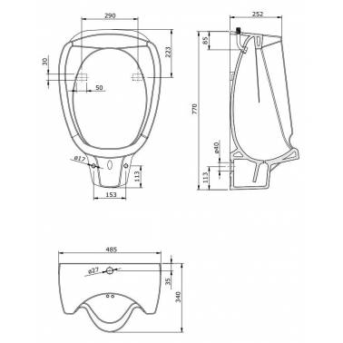 Urinario con herraje de fijación y desagüe modelo Atlántico marca Unisan medidas y dimensiones