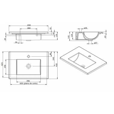 Lavabo blanco o pergamon sobre encimera con orificio Palm 80 marca Unisan medidas y dimensiones