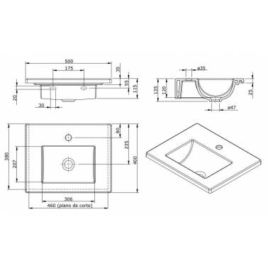 Vasque à poser blanche ou pergamon avec trou Palm 50, marque Unisan , mesures ou dimensions