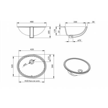Lavabo blanco bajo encimera modelo Vouga marca Unisan medidas y dimensiones