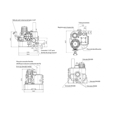 Misure o dimensioni delle attrezzature di pompaggio generali con pompa trituratrice SANICUBIC 1 GR SE7.1 T