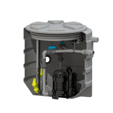 Estación de bombeo con depósito de 610L y dos bombas sumergibles modelo SANIFOS 610 VORTEX TRIFÁSICO marca SFA