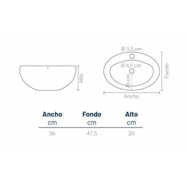 Lavabo para encastrar de 56cm marca Komercia dimensiones