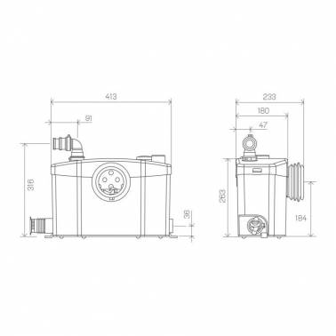Triburador bombeador SANIPRO de SANITRIT SFA para WC y lavabo dibujo técnico medidas