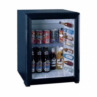 Minibar de color negro con puerta de cristal de 40 litros de capacidad de 545x435x450mm