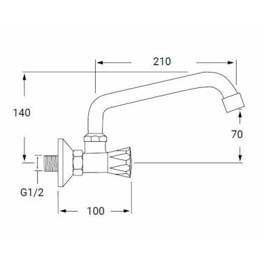 Komercia brand single water wall tap with long spout, measurements and dimensions