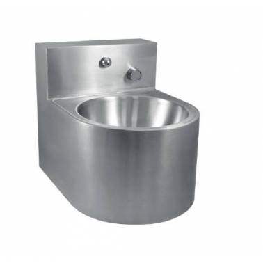 Stainless steel wall-mounted washbasin with splash guard, lower inspection cover and integrated timer tap by Nofer