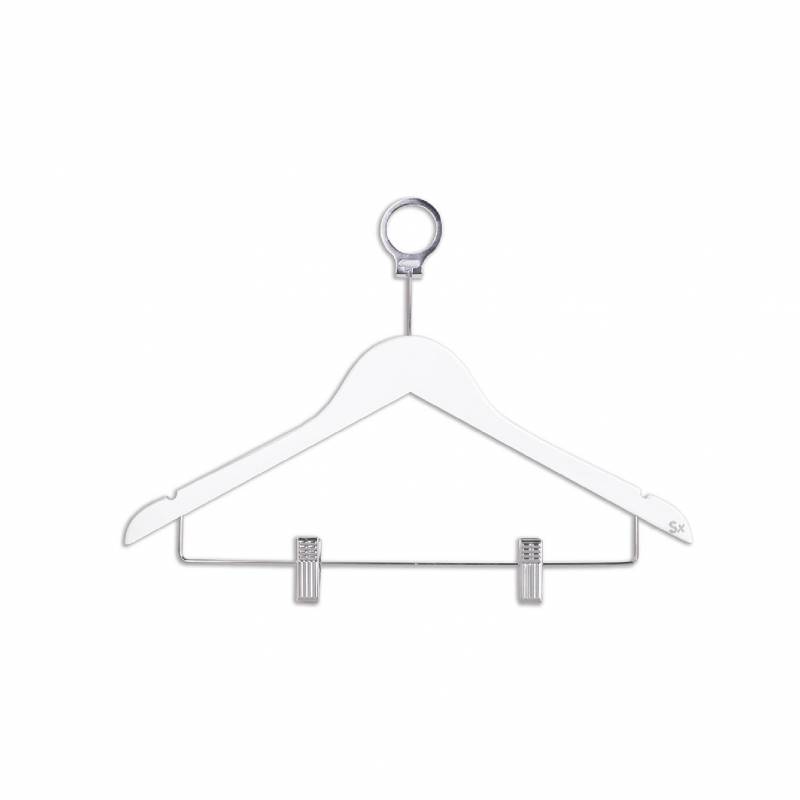 Percha de madera haya blanca con aro de seguridad y pinzas marca Simex