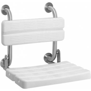 Asiento abatible a pared con respaldo fabricado en acero inoxidable acabado satinado marca Franke KWC, referencia CNTX400NF