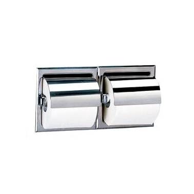 Porte-rouleau de papier toilette double encastré en acier inoxydable de marque Bobrick avec couvercle