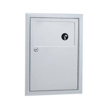 Cestino per rifiuti da incasso a parete per il bagno del marchio Bobrick per lo smaltimento degli assorbenti igienici