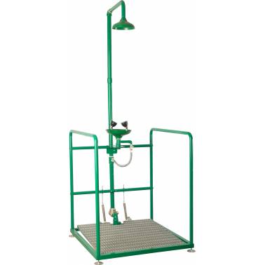 Plataforma con ducha y lavaojos con rociador y recogedor en polipropileno y valvula anticongelacion autodrenante marca bocchi