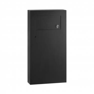 Recipiente para desechos de toallas sanitarias para montar en la pared acabado en color negro marca Bobrick