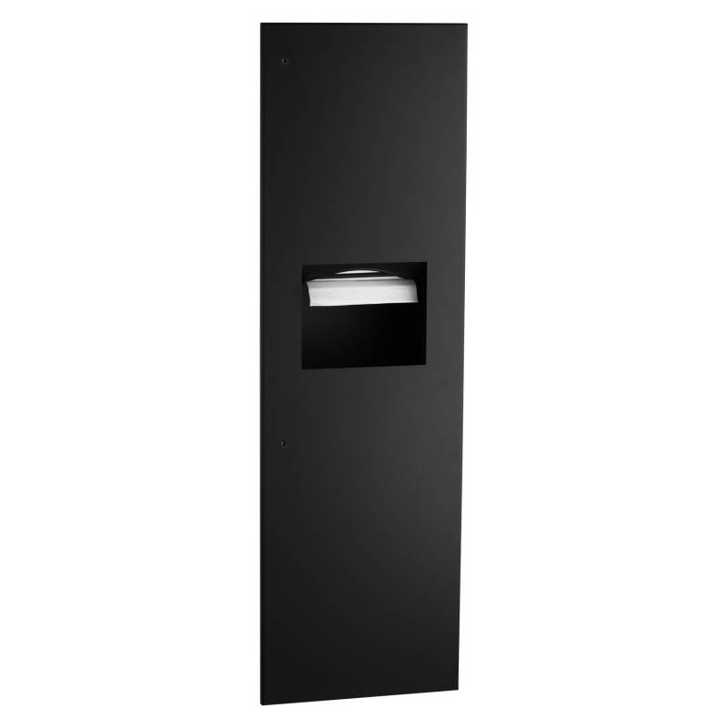 Recipiente de desechos y dispensador de papel toalla en color negro para empotrar marca Bobrick